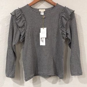 NEW Siaomimi Girl Sz 12 Grey Stripe Flutter Top 100% Cotton‎ Long Sleeve